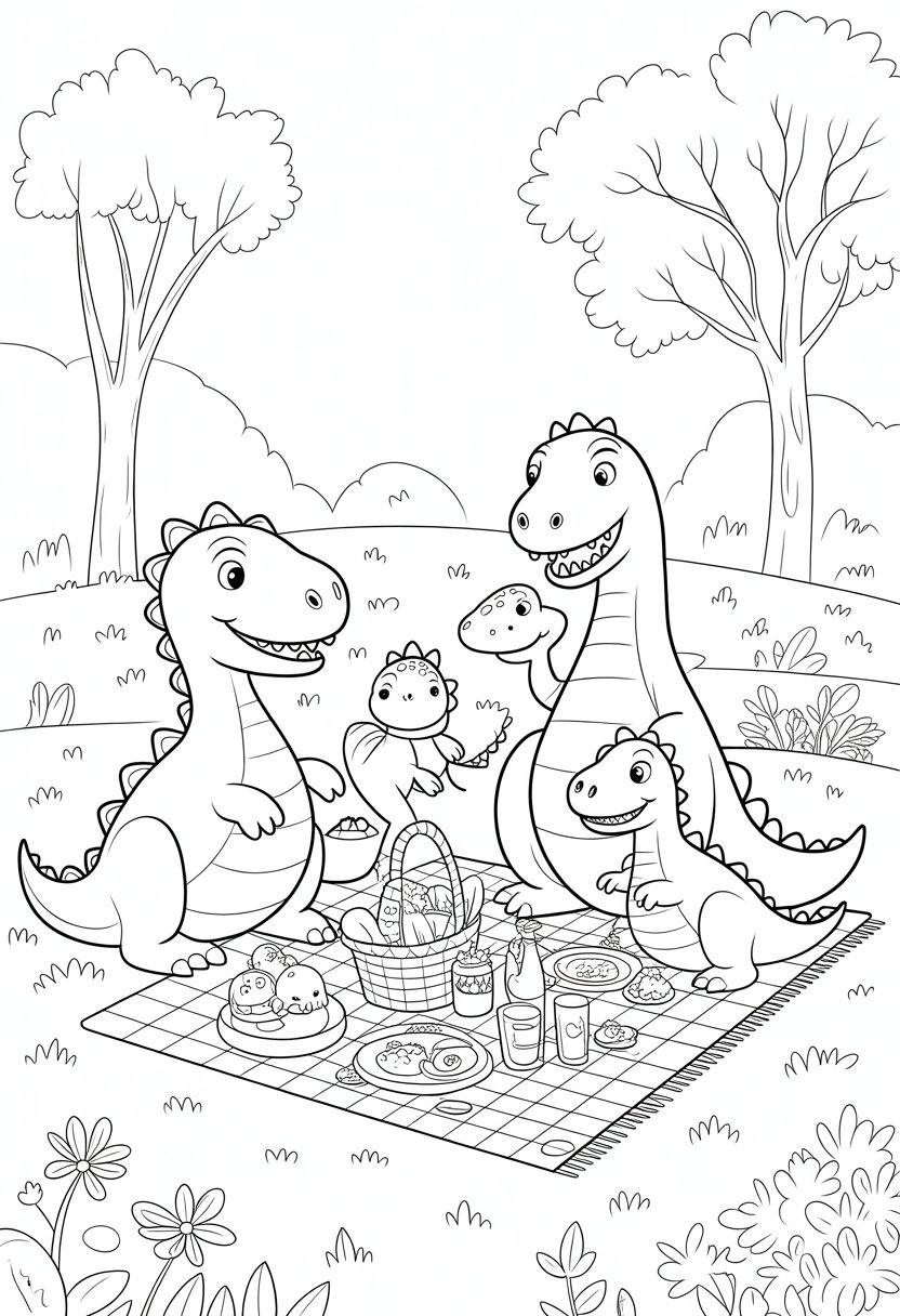 Cute Dinosaur Coloring Pages for Kids: 20 Fun and Easy Designs 32 A dinosaur family having a picnic outdoors with a mother, father, and two baby dinosaurs sitting on a blanket surrounded by trees and flowers.